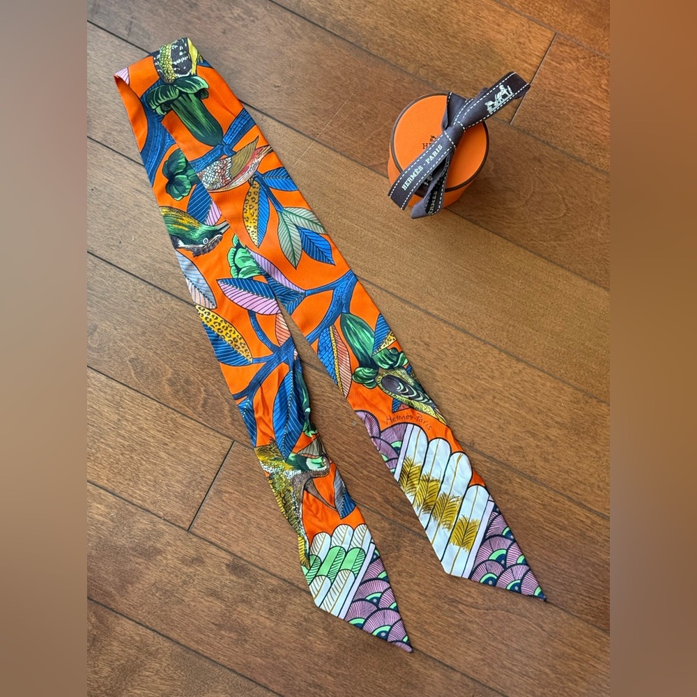 Hermes Orange and Multicolor Twilly Scarf